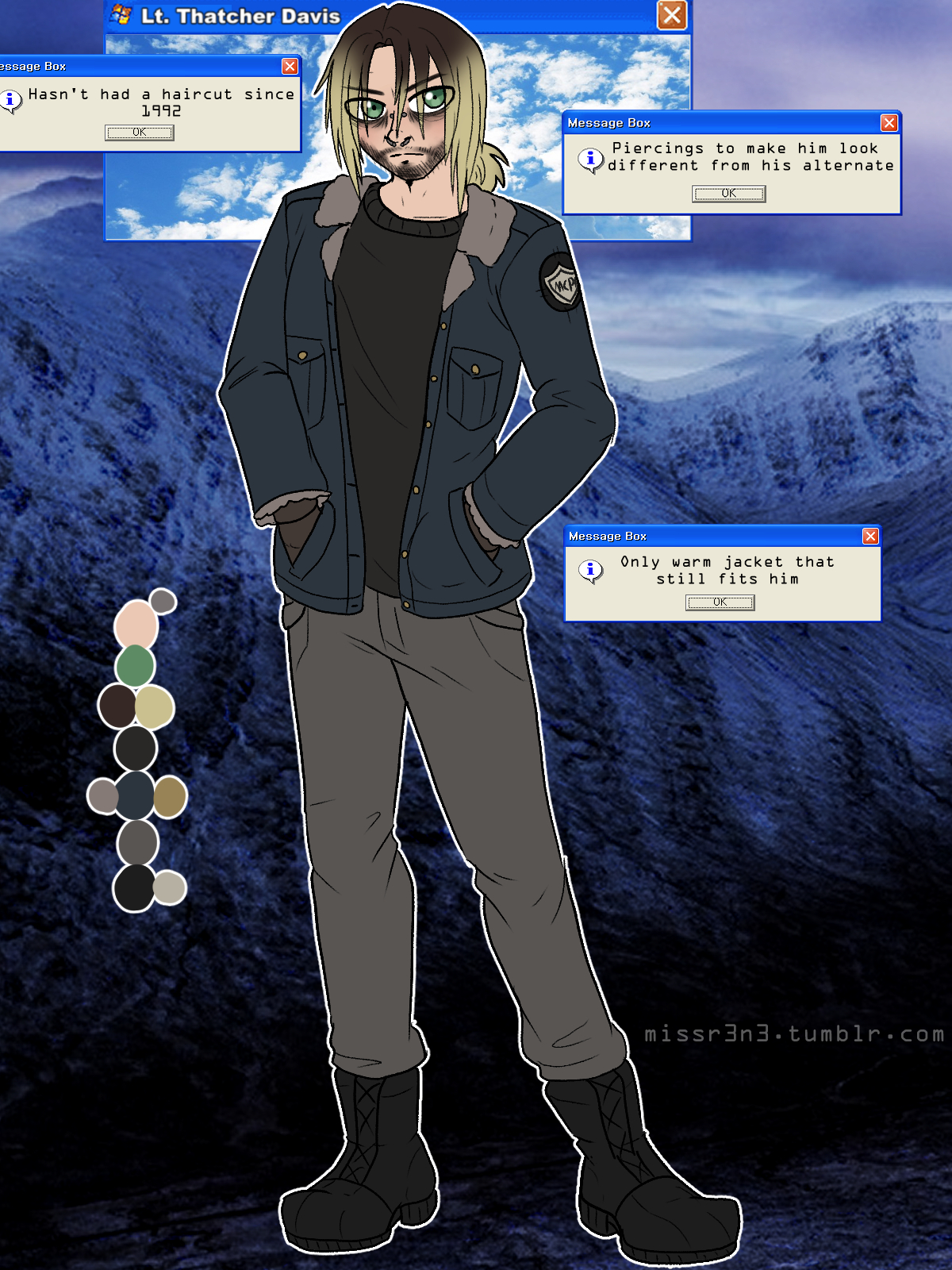 thatcher davis with long hair in a ponytail and a fleece police jacket in front of a glitching mountain landscape